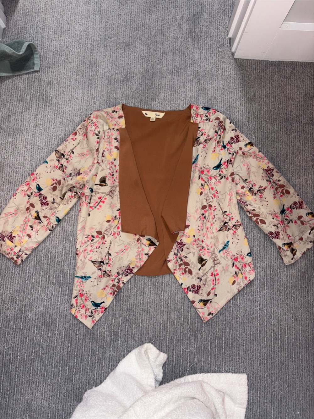 Women's Floral Bird Print Open Front Jacket - Brown Trim